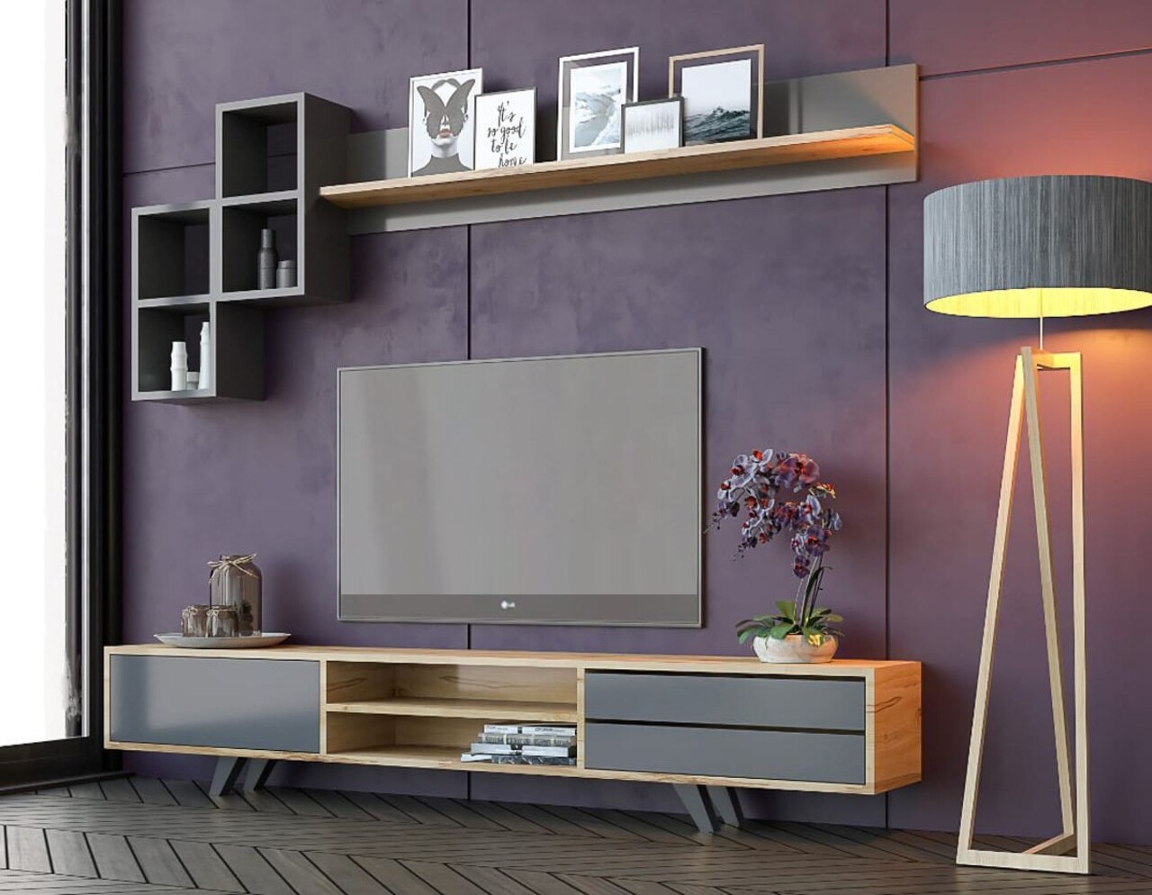 Comoda TV, Hanah Home, Rb-046, 180x45x40 cm, Antracit / Stejar - imagine 6